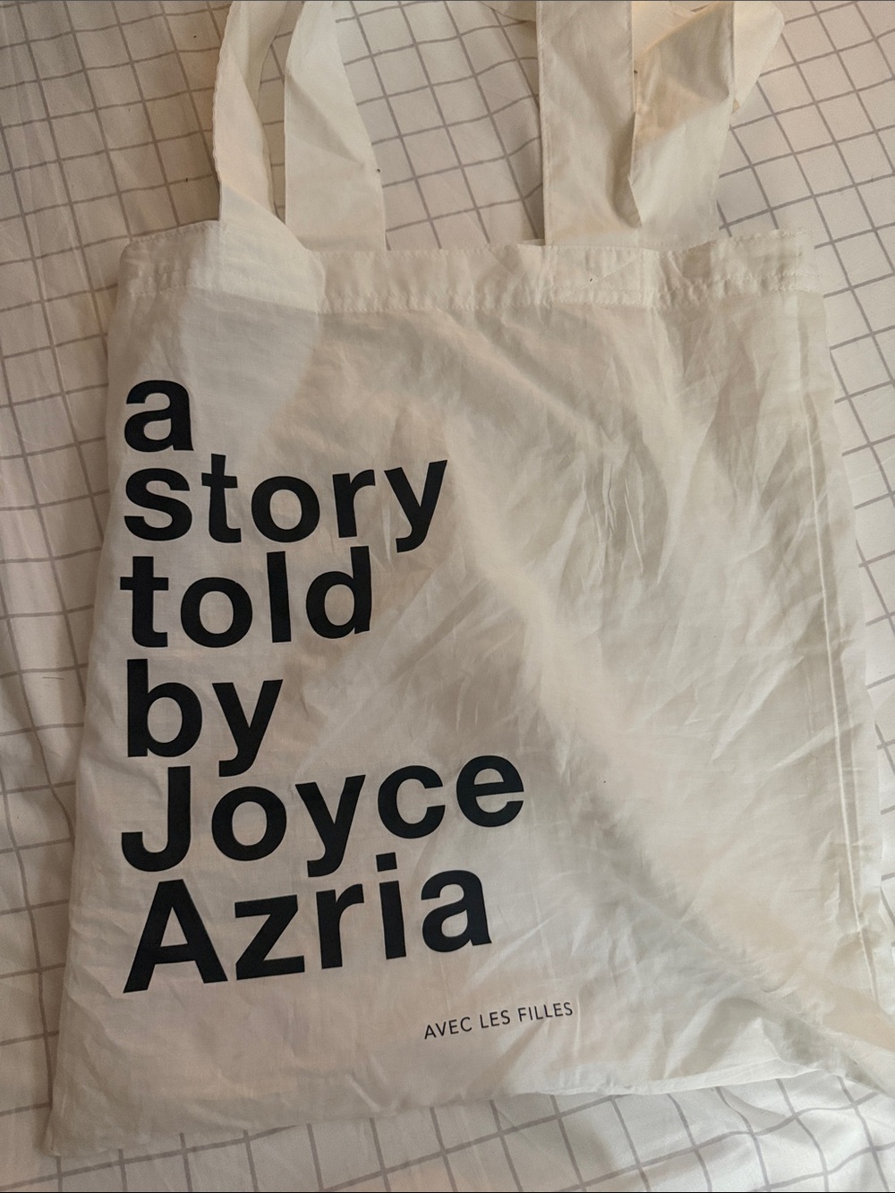 Avec Les Filles White Canvas Tote with Black Text
